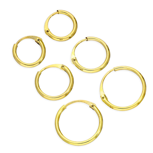 Triple 9ct Gold 1.2mm Tube Sleeper 8 10 12mm Hoop Earrings Set