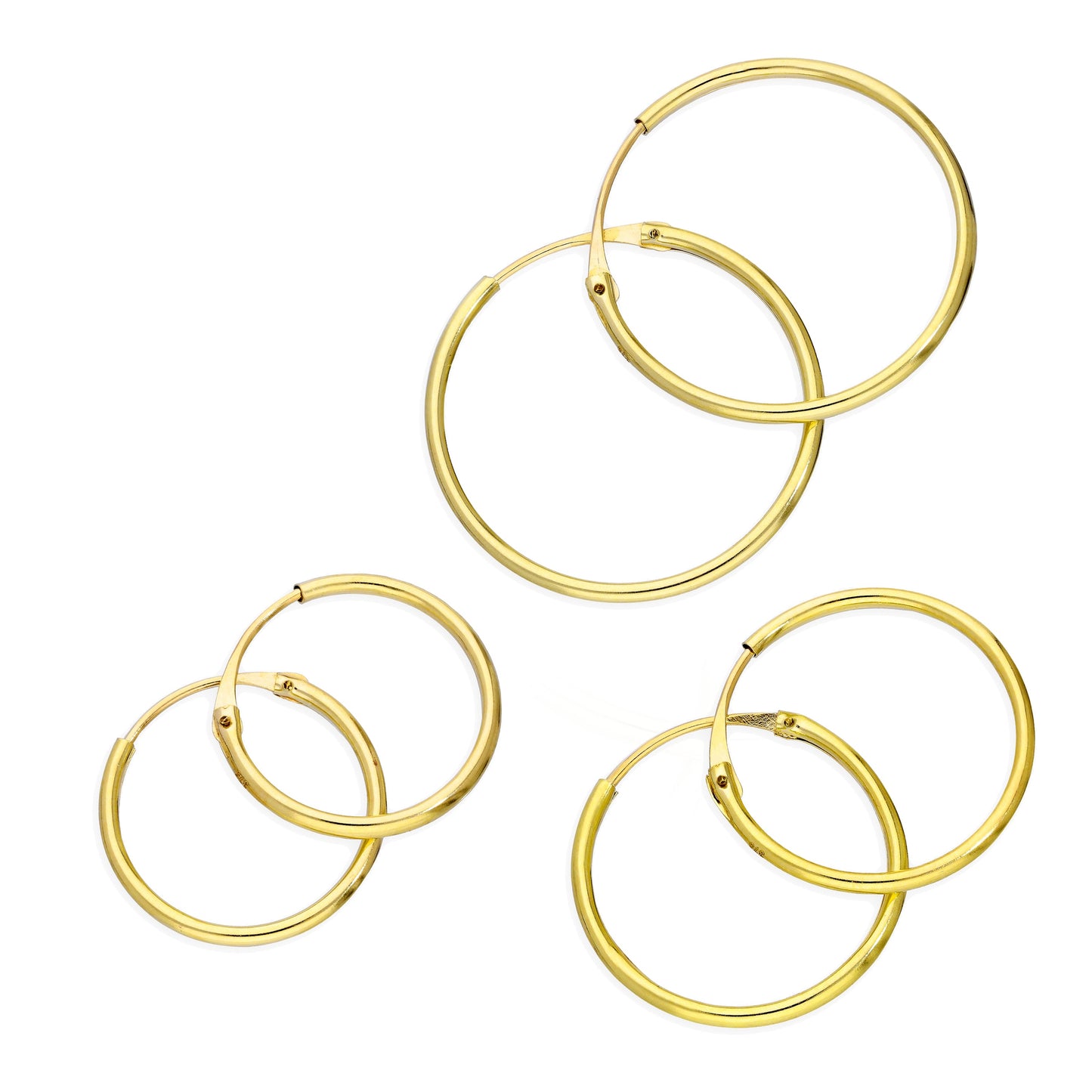 Triple 9ct Gold 1.2mm Tube Sleeper 14 16 20mm Hoop Earrings Set