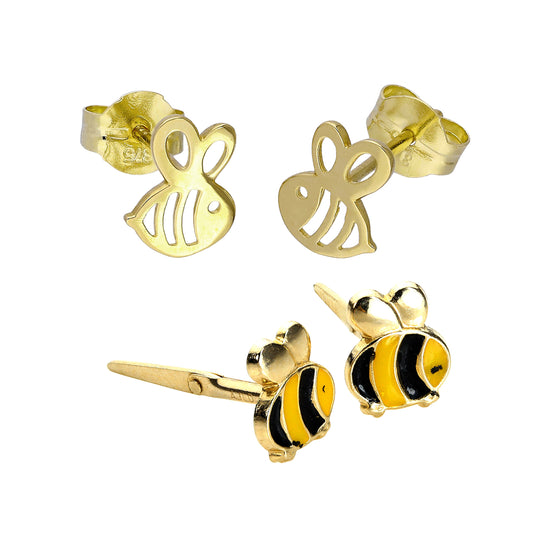 9ct Gold Kids Enamel & Cut Out Bees Stud Earrings Set