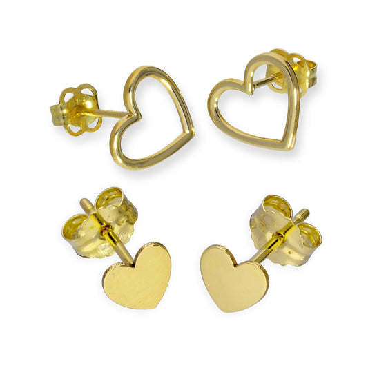 Double 9ct Gold Heart Stud Earrings - 2 Pack