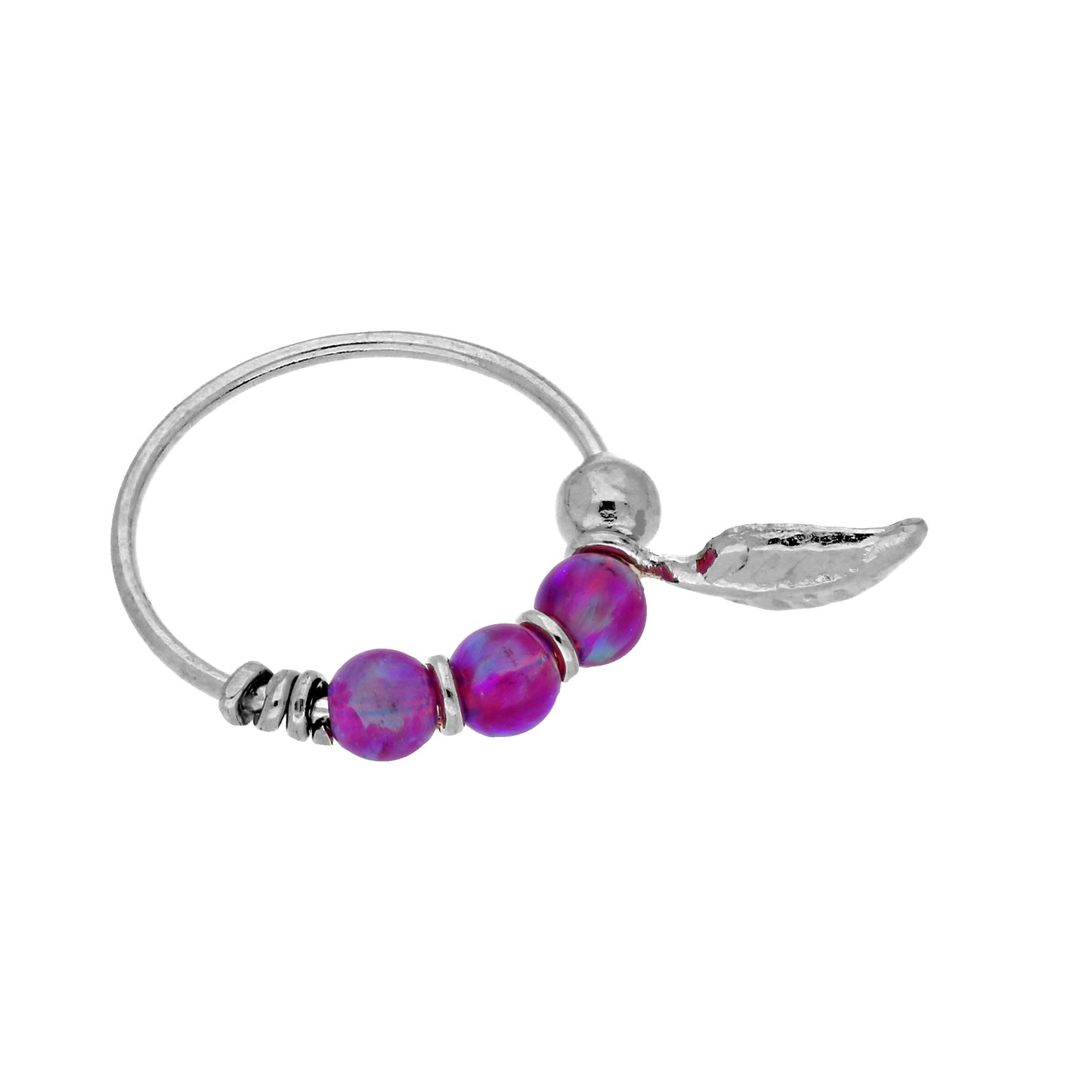 9ct White Gold Purple Opal Stones & Leaf 10mm Nose Ring