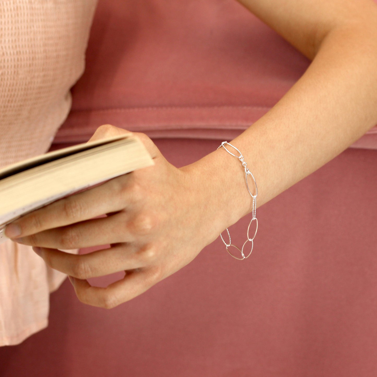 Sterling Silver Plain Twisted Oval Link Chain Bracelet