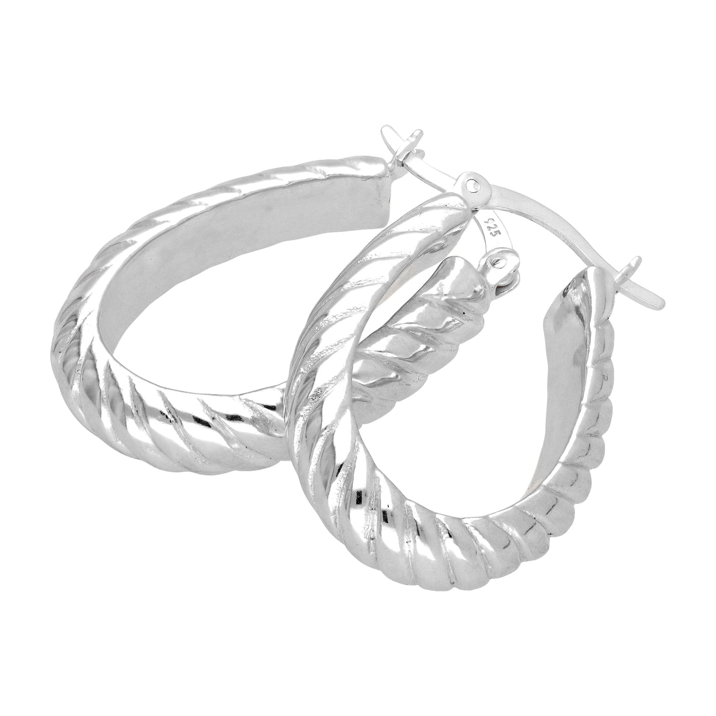 Sterling Silver Oval Twisted Line Creole Hoop Earrings