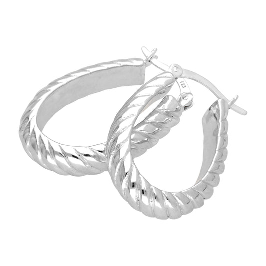 Sterling sølv Oval Twisted Line Creole Hoop øredobber