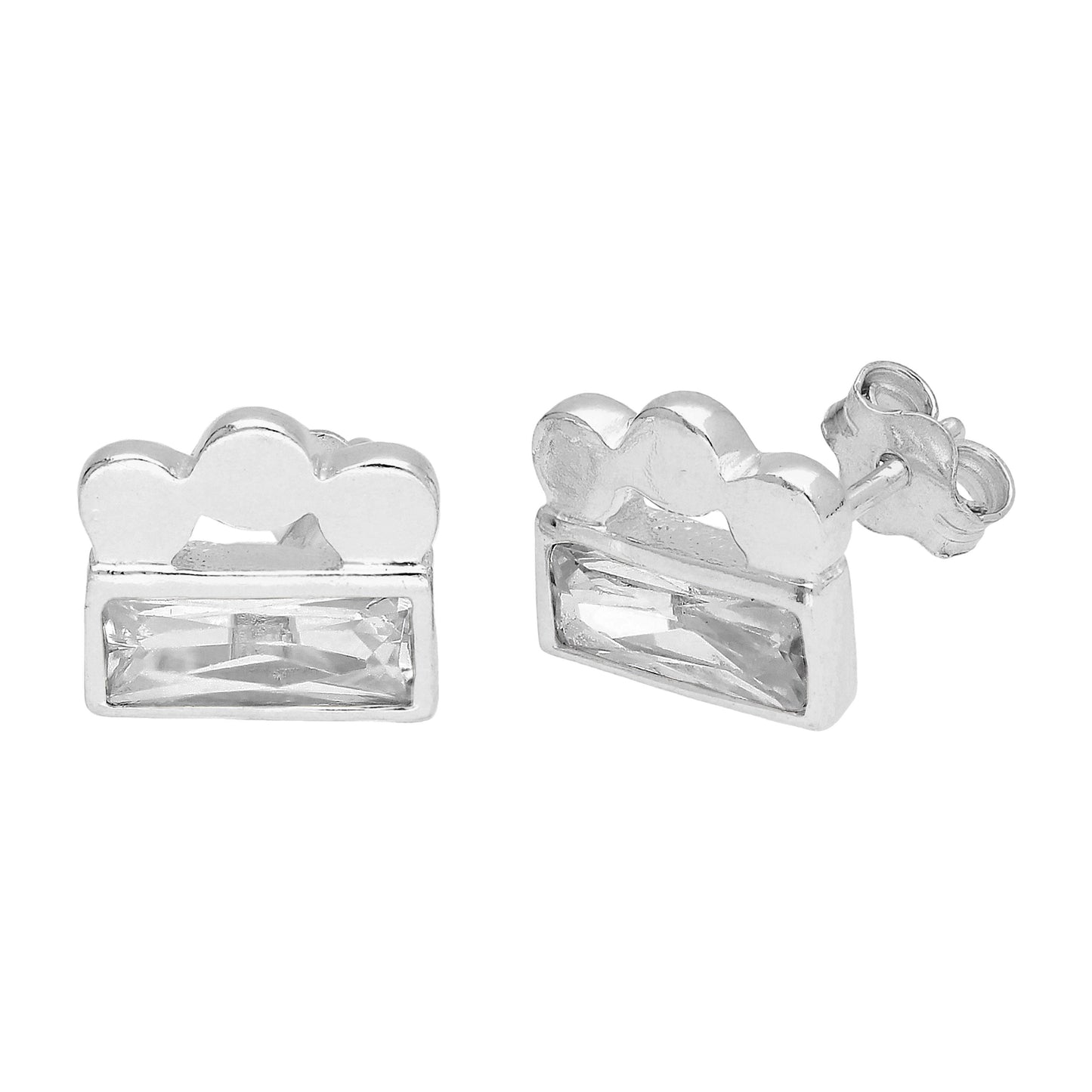 Sterling Silver Triple Bobble Bead Baguette CZ Stud Earrings