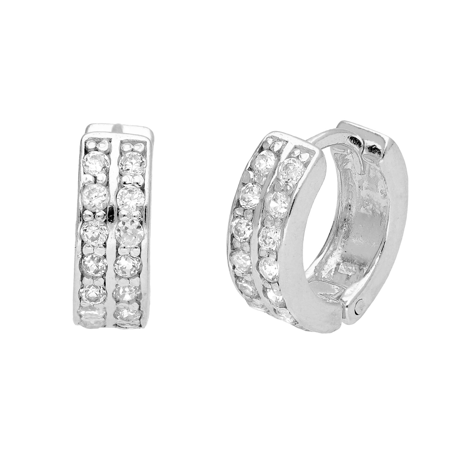 Small Sterling Silver CZ Double Channel Huggie Hoop Earrings