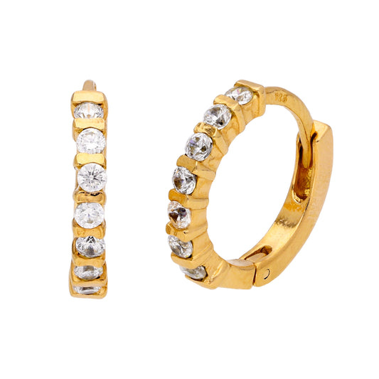 Gold Plated Sterling Silver CZ Bar Set Huggie Hoop Earrings