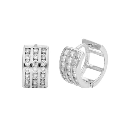 Sterling Silver CZ Triple Channel Set Huggie Hoop Earrings