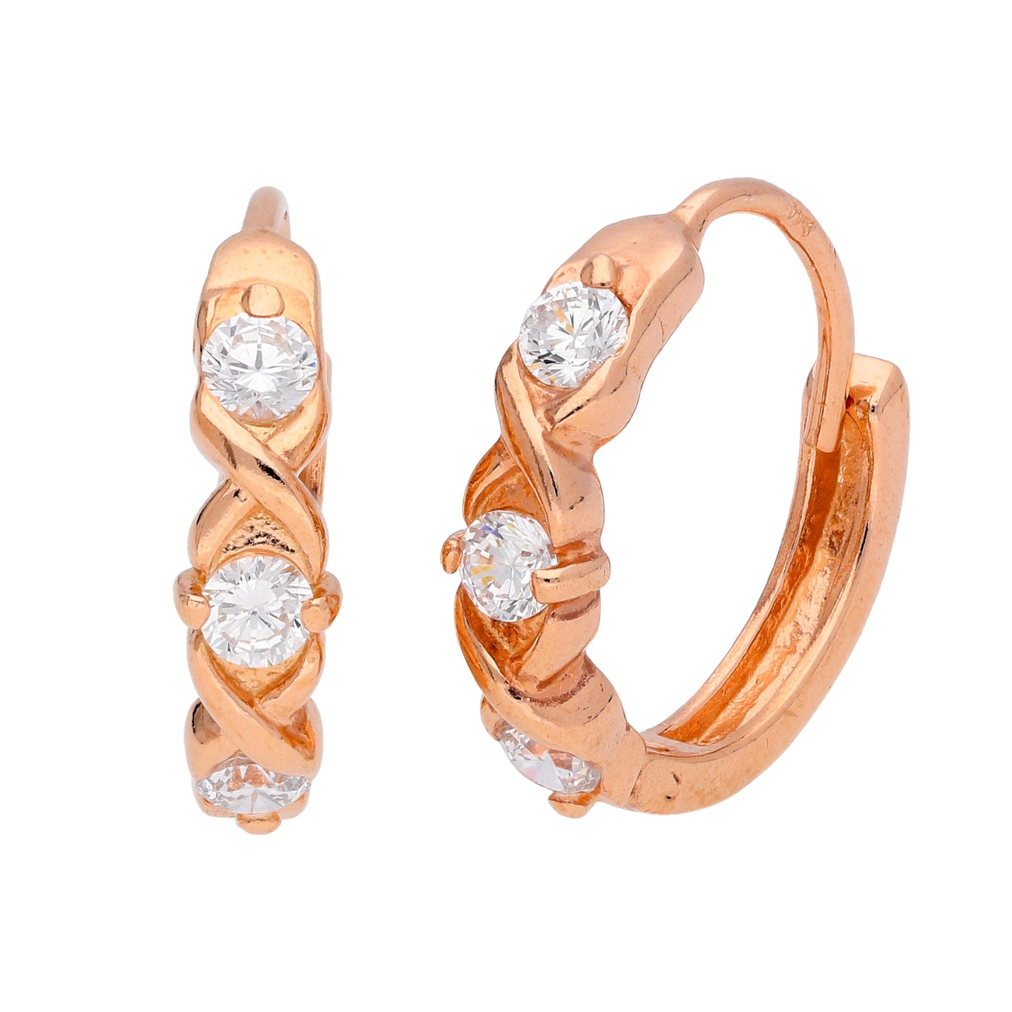 Rose Gold Plated Sterling Silver Triple CZ Huggie Earrings