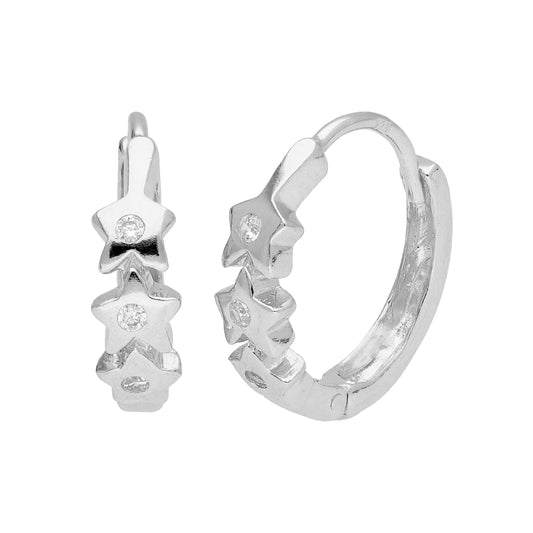 Sterling Silver CZ Triple Star Huggie 17mm Hoop Earrings