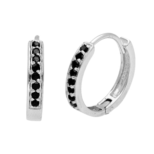 Sterling Silver Black CZ Pave Huggie 15mm Hoop Earrings