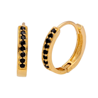 Gold Plated Sterling Silver Black CZ Huggie 15mm Hoop Earrings