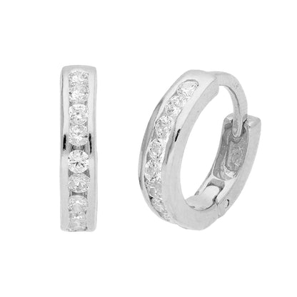 Sterling Silver CZ Channel Set Huggie 14mm Hoop Earrings