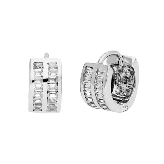 Sterling Silver & Double Set CZ 13mm Huggie Hoop Earrings