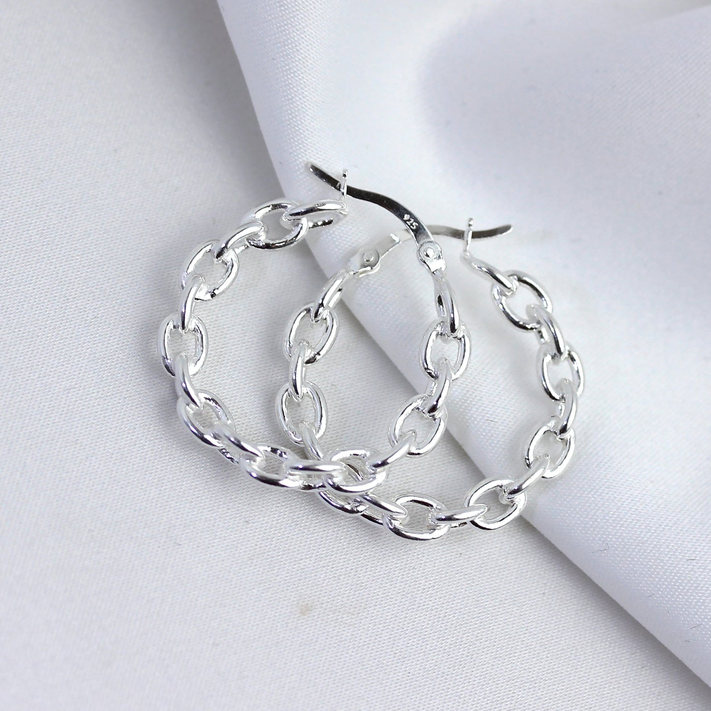 Sterling Silver Long Link Chain Hoop Earrings