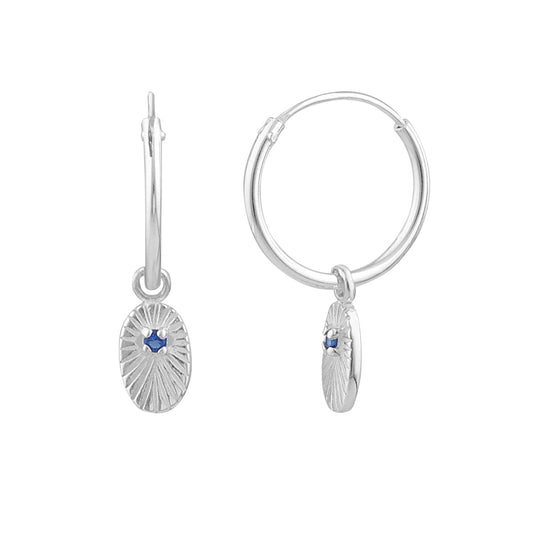 Sterling Silver Sapphire CZ Oval 14mm Charm Hoop Earrings