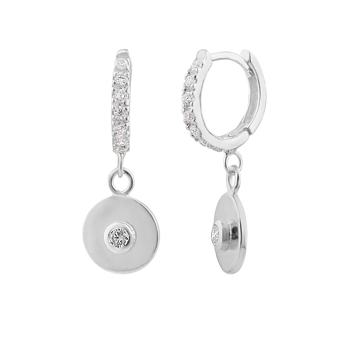 Sterling Silver CZ Charm Pave Huggie 12mm Hoop Earrings