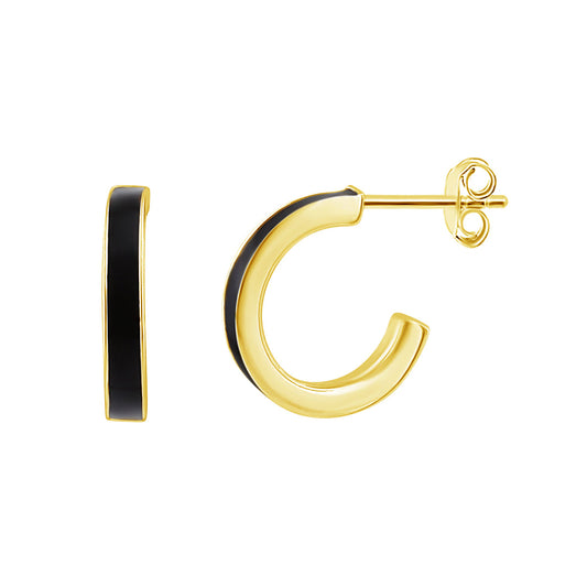 Gold Plated Sterling Silver Black 13mm Hoop Stud Earrings