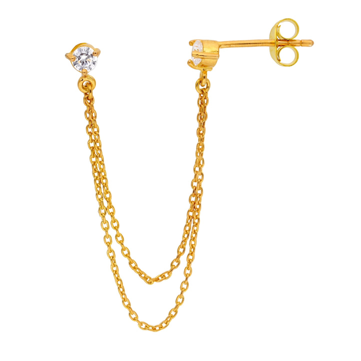 Gold Plated Sterling Silver Double Chain CZ Stud Earring