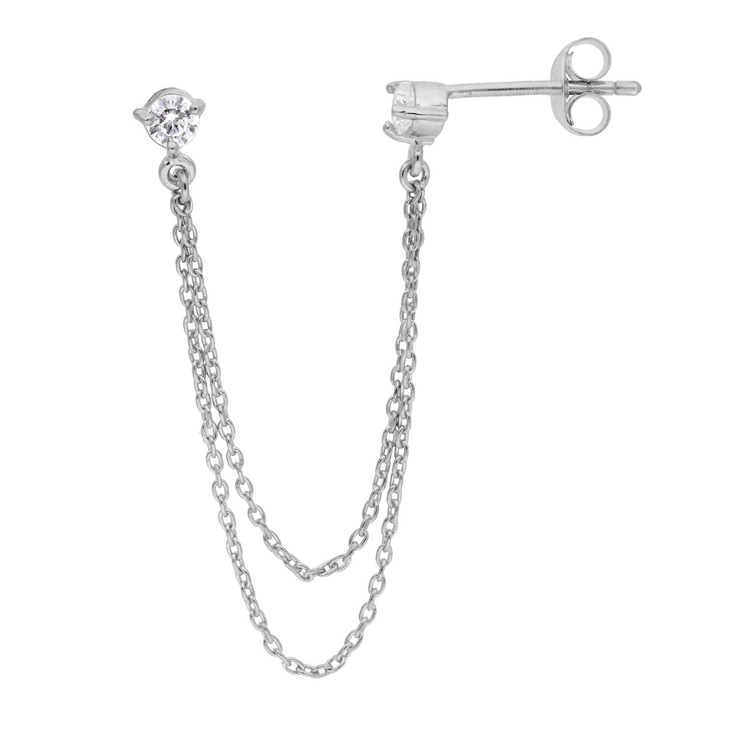 Sterling Silver Double Chain CZ Stud Earring