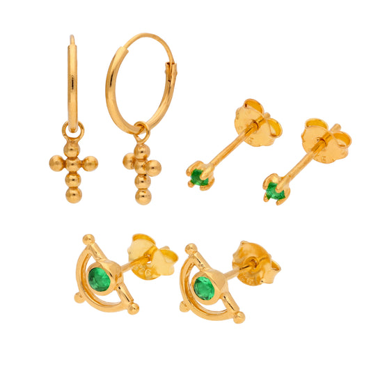 Triple Gold Plated Sterling Silver Emerald CZ Earrings Set