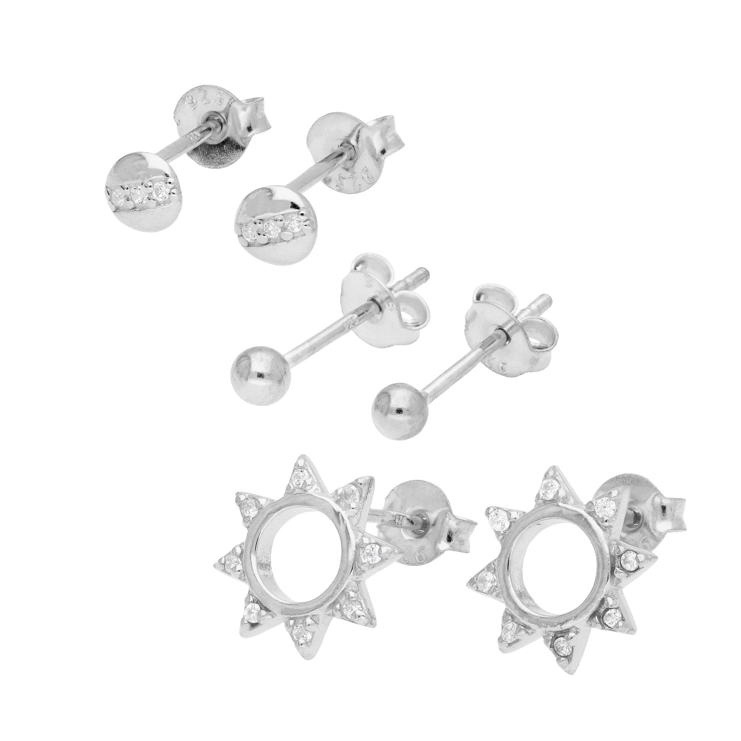 Triple Sterling Silver Sun Stud Earrings Set