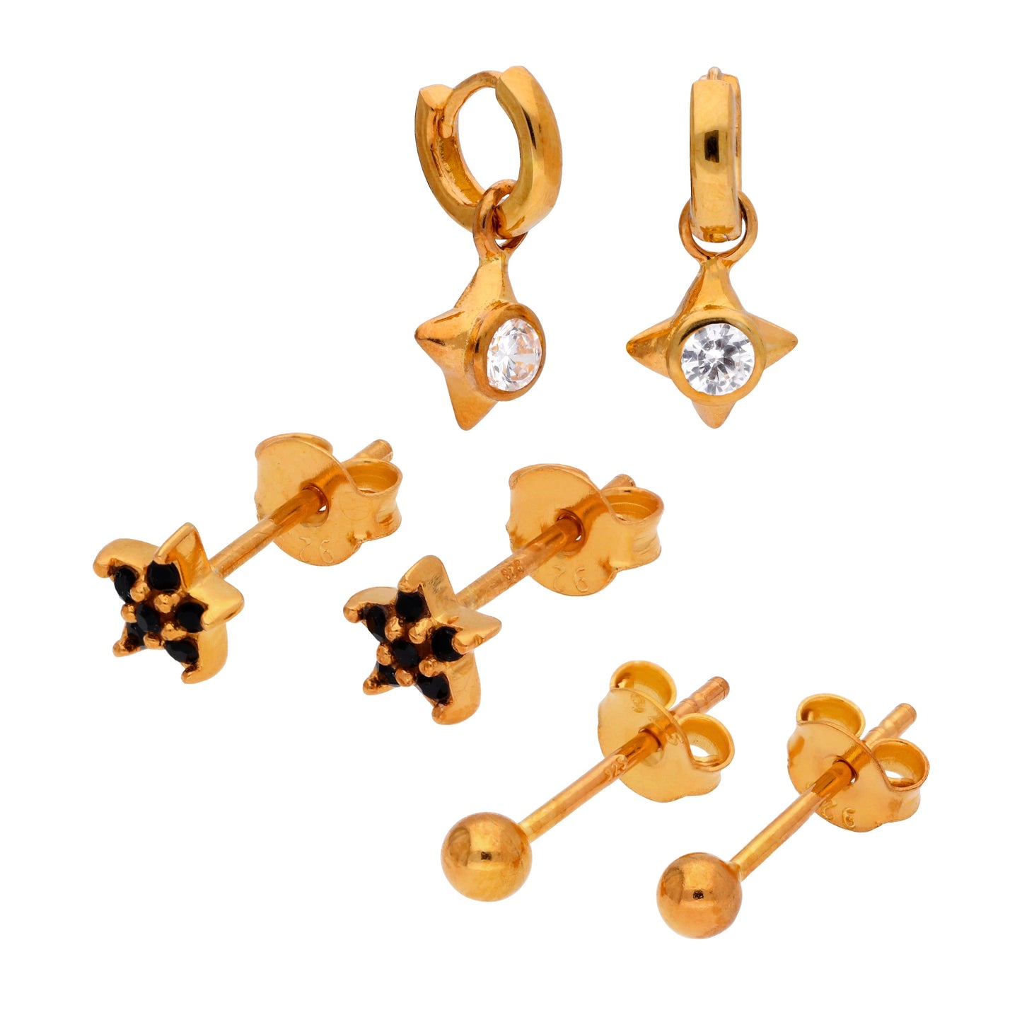 Triple Gold Plated Sterling Silver CZ Star Earrings Set