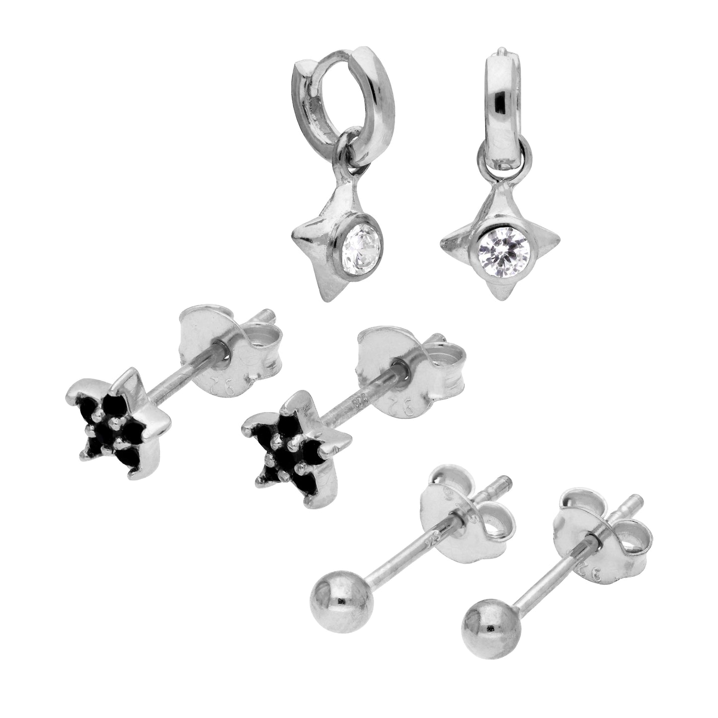 Triple Sterling Silver CZ Star Earrings Set