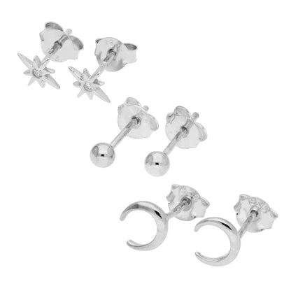 Triple Sterling Silver Moon Star Stud Earrings Set