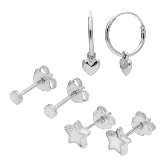 Triple Sterling Silver Star Heart Stud & Hoop Earrings Set