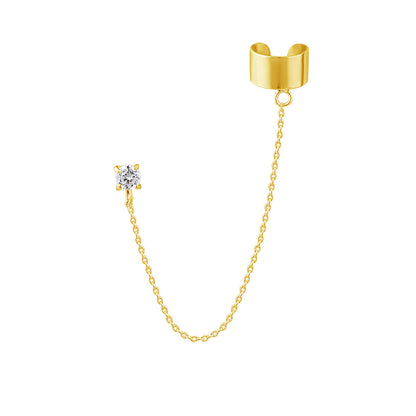 Gold Plated Sterling Silver Ear Cuff CZ Stud Chain Earring