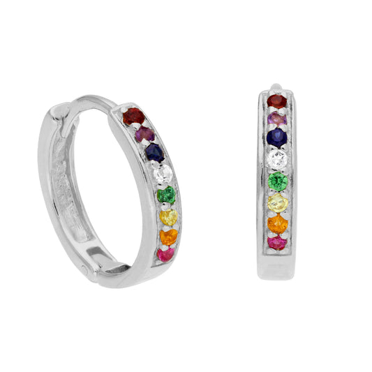 Sterling Silver Rainbow CZ Pave 15mm Huggie Hoop Earrings