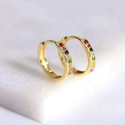 Gold Plated Sterling Silver Rainbow CZ 15mm Hoop Earrings