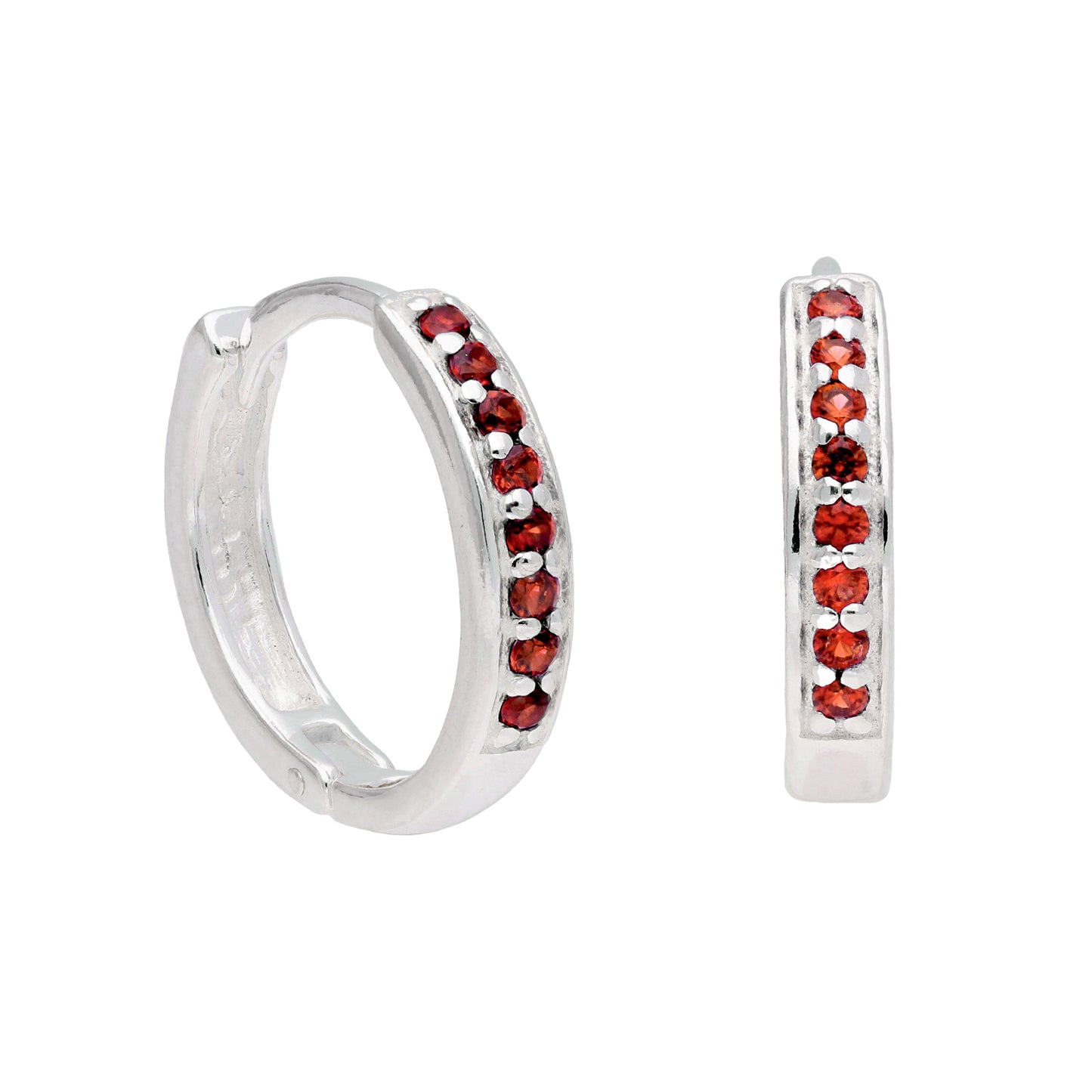 Sterling Silver Garnet CZ Pave 15mm Huggie Hoop Earrings