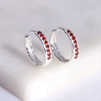 Sterling Silver Garnet CZ Pave 15mm Huggie Hoop Earrings