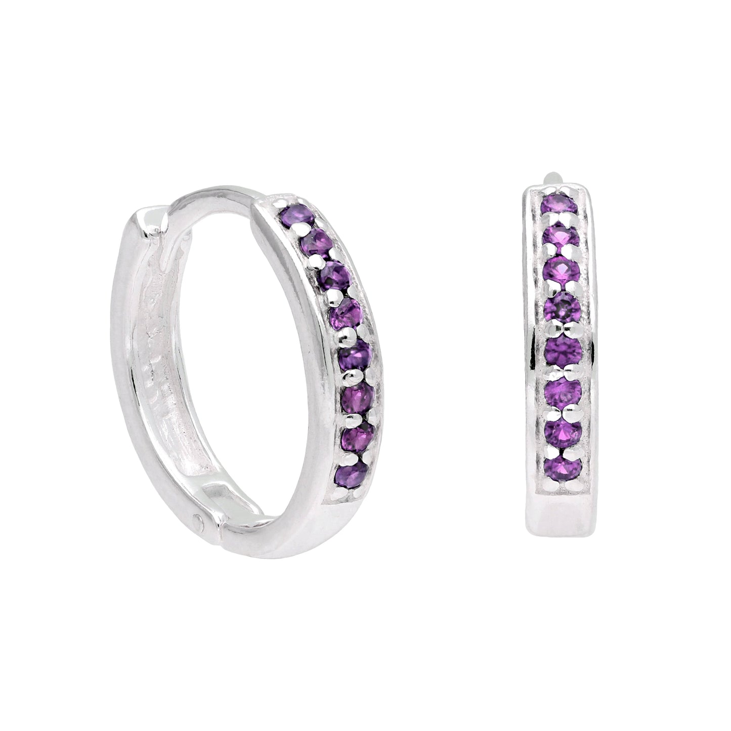 Sterling Silver Amethyst CZ Pave 15mm Huggie Hoop Earrings