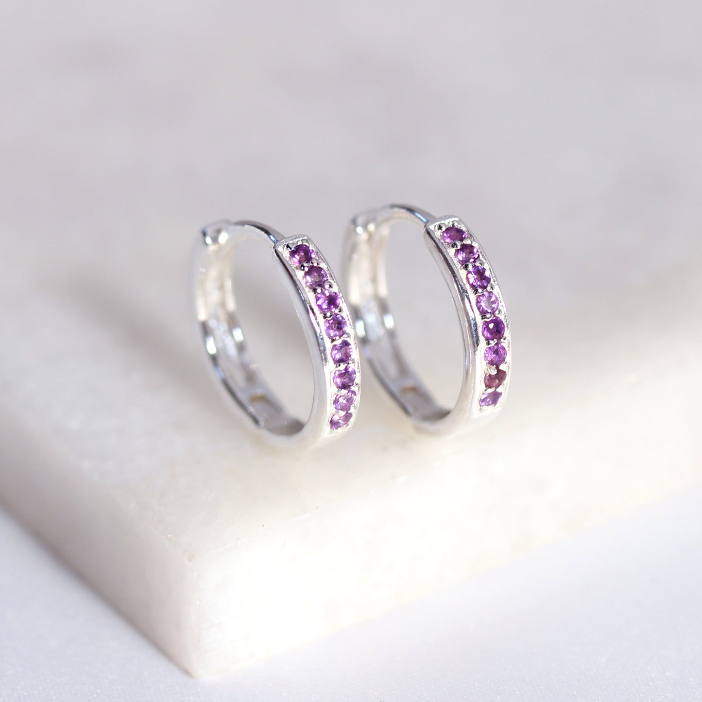 Sterling Silver Amethyst CZ Pave 15mm Huggie Hoop Earrings