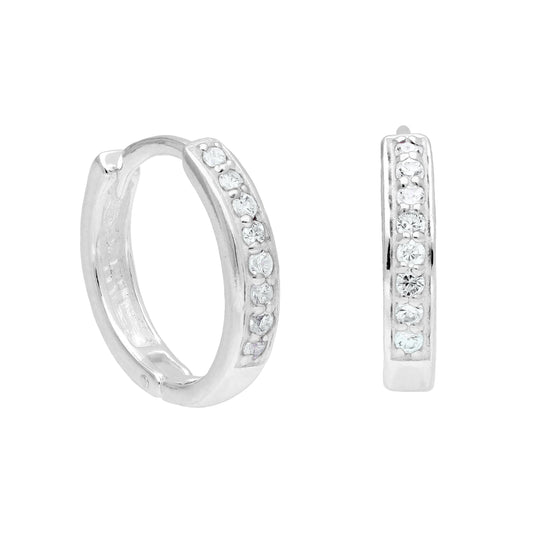 Sterling Silver Aquamarine CZ Pave 15mm Huggie Hoop Earrings