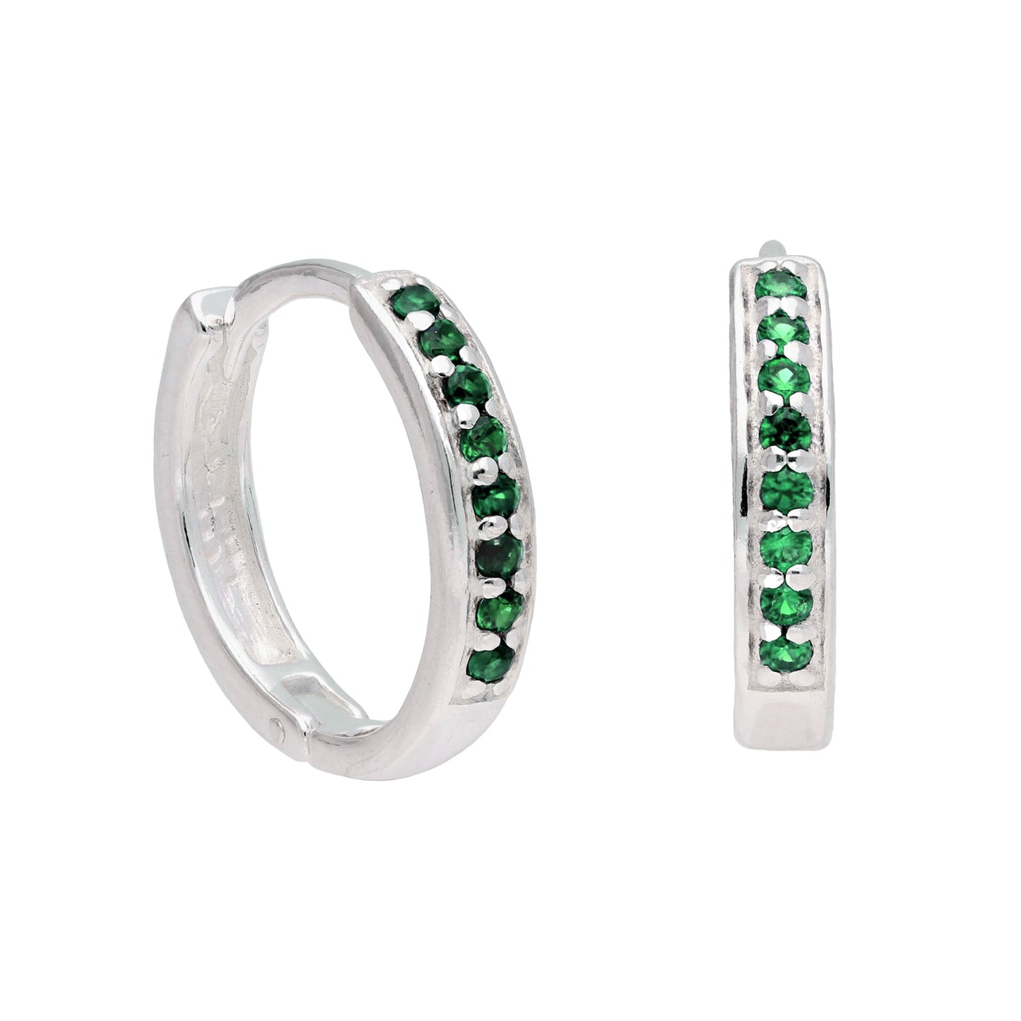 Sterling Silver Emerald CZ Pave 15mm Huggie Hoop Earrings