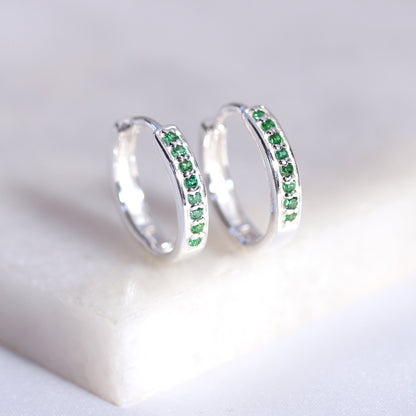 Sterling Silver Emerald CZ Pave 15mm Huggie Hoop Earrings