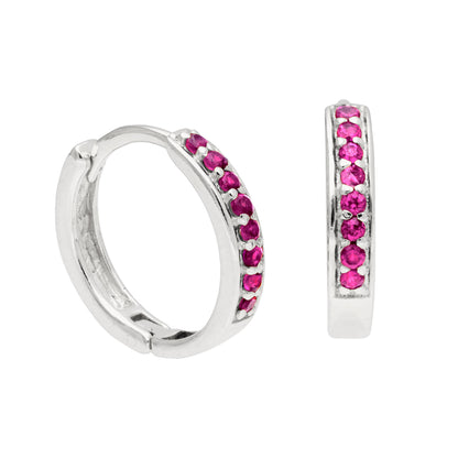 Sterling Silver Ruby CZ Pave 15mm Huggie Hoop Earrings