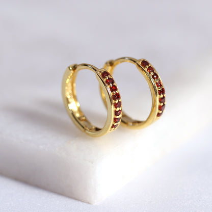 Gold Plated Sterling Silver Garnet CZ 15mm Huggie Hoop Earrings