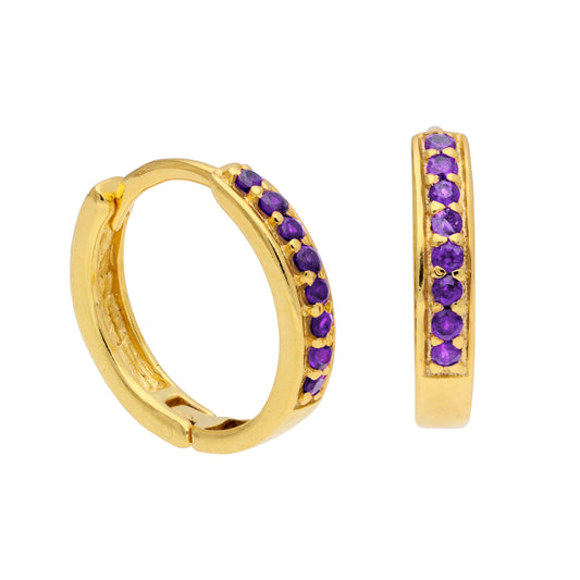 Gold Plated Sterling Silver Amethyst CZ 15mm Huggie Hoop Earrings