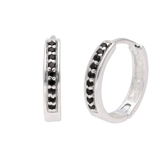 Sterling Silver Black CZ Pave Huggie 19mm Hoop Earrings