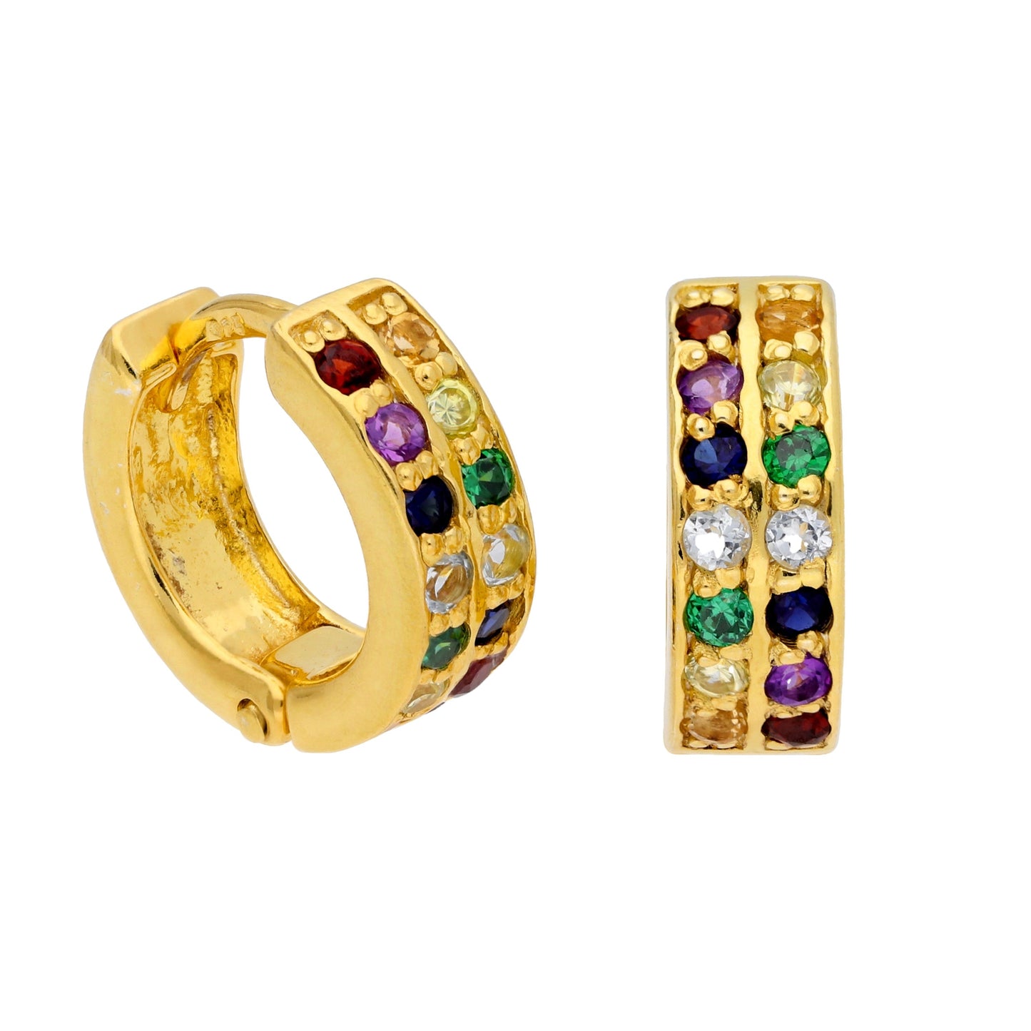 Gold Plated Sterling Silver Double Channel Rainbow CZ 12mm Hoop Earrings