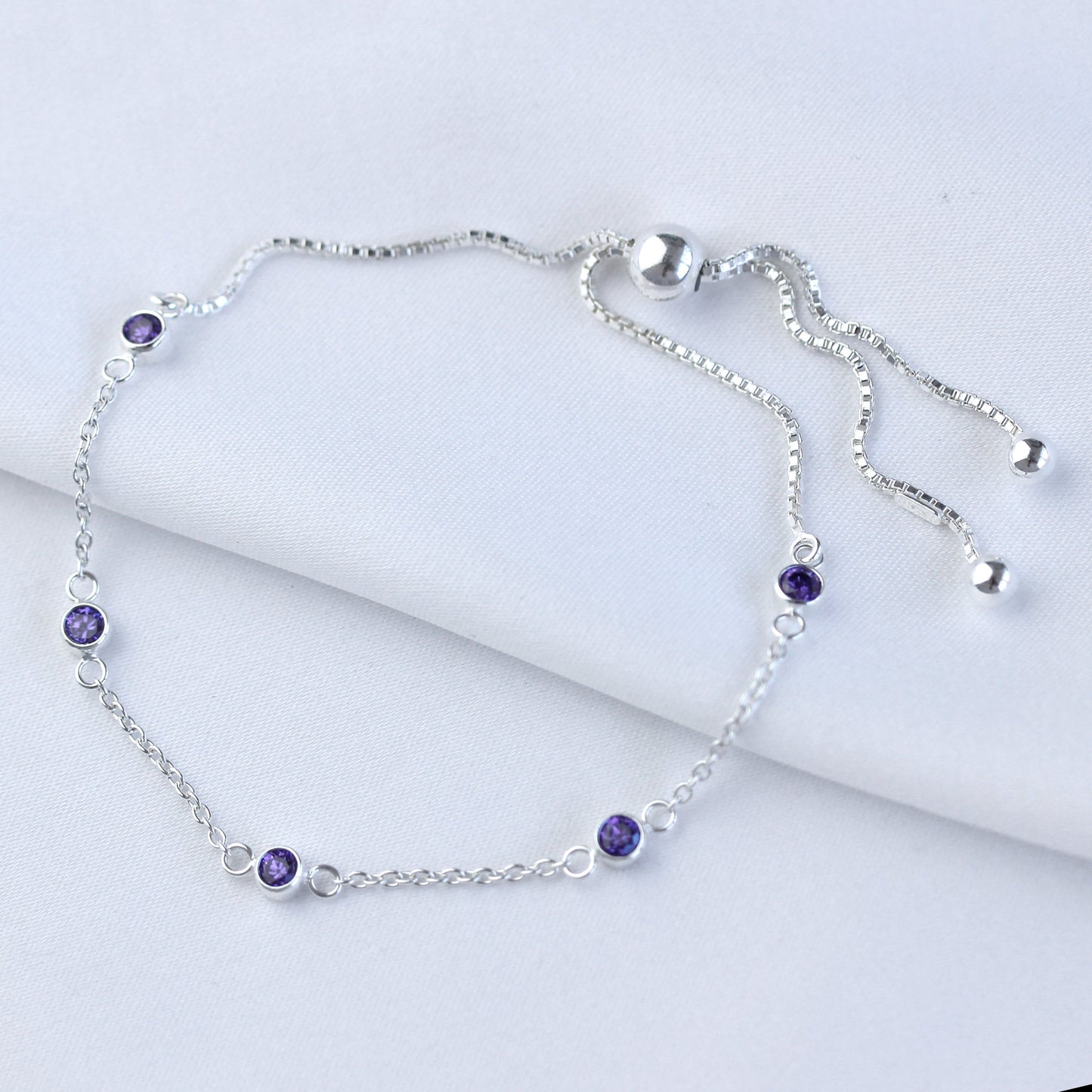 Sterling Silver Multi Amethyst CZ Adjustable Bracelet