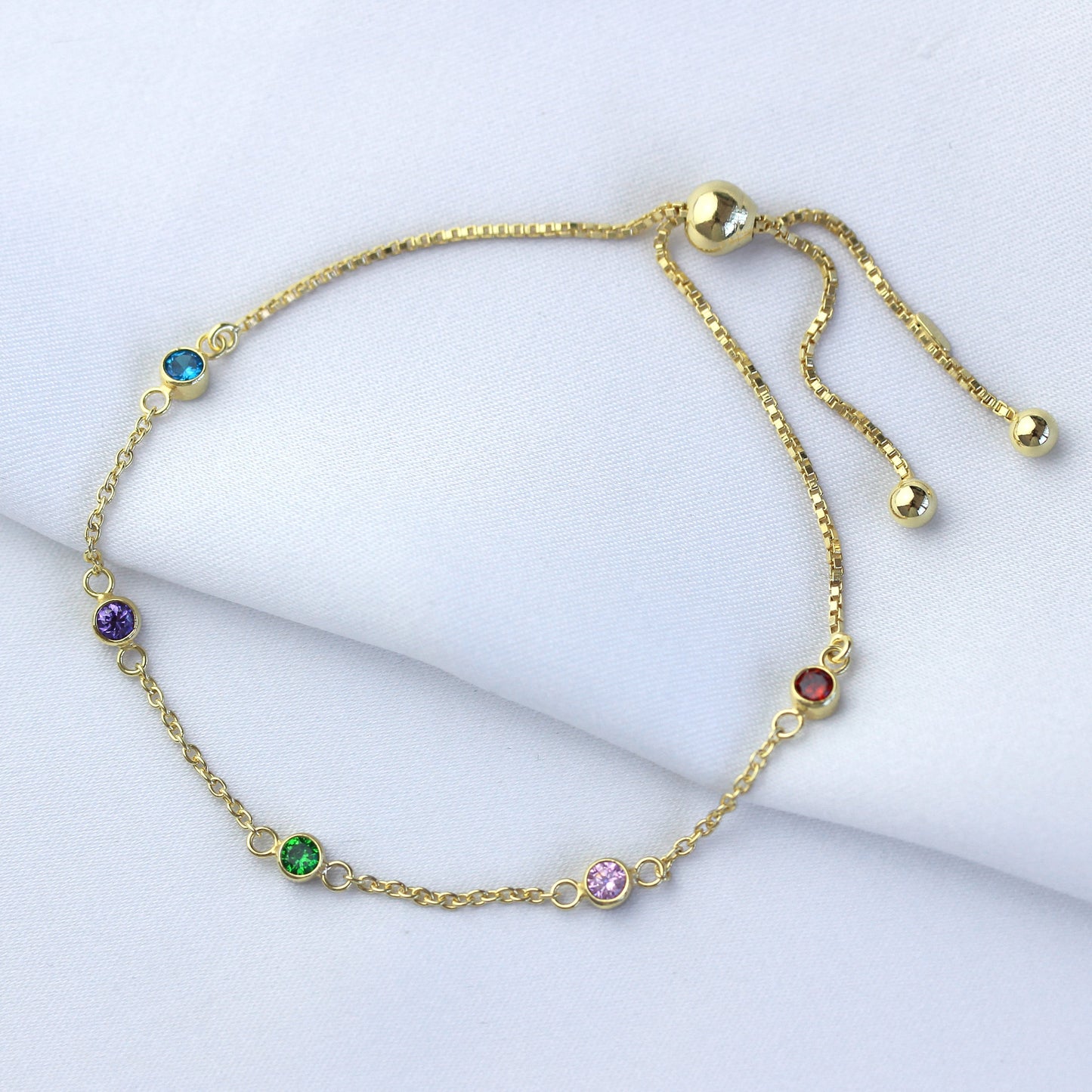 Gold Plated Sterling Silver Multi Rainbow CZ Adjustable Bracelet