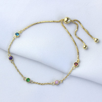 Gold Plated Sterling Silver Multi Rainbow CZ Adjustable Bracelet