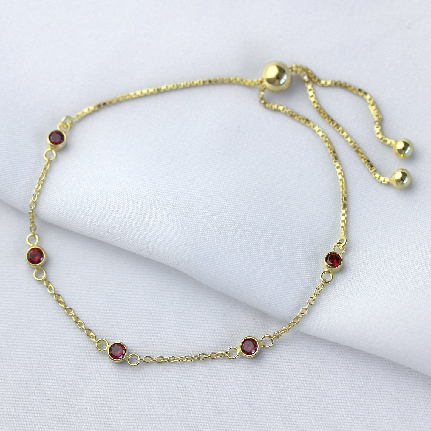 Gold Plated Sterling Silver Garnet CZ Adjustable Bracelet