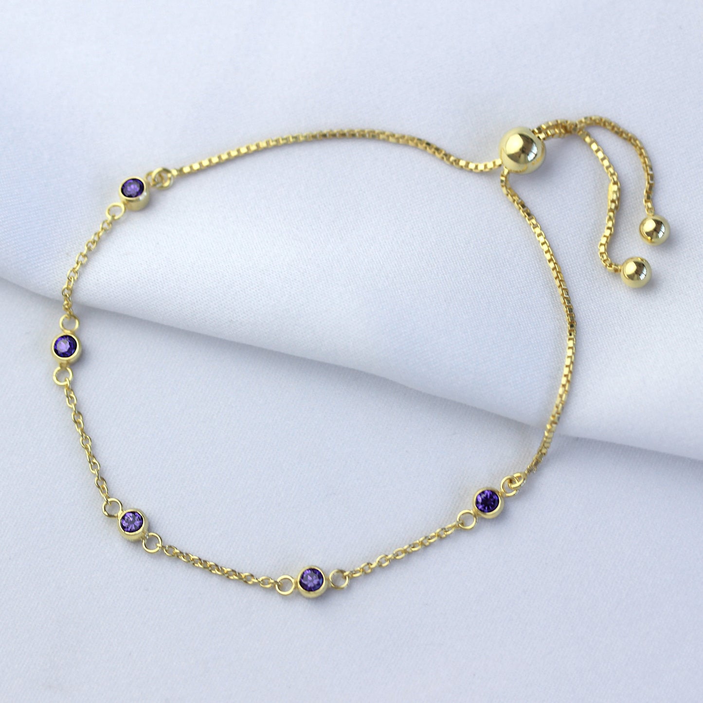 Gold Plated Sterling Silver Amethyst CZ Adjustable Bracelet